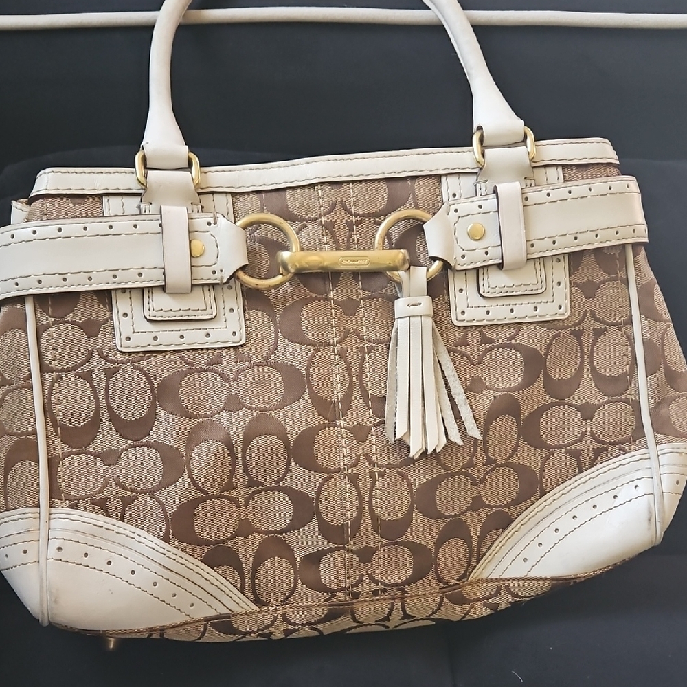 Coach Brown and Cream Shoulder Bag with Signature Monogram